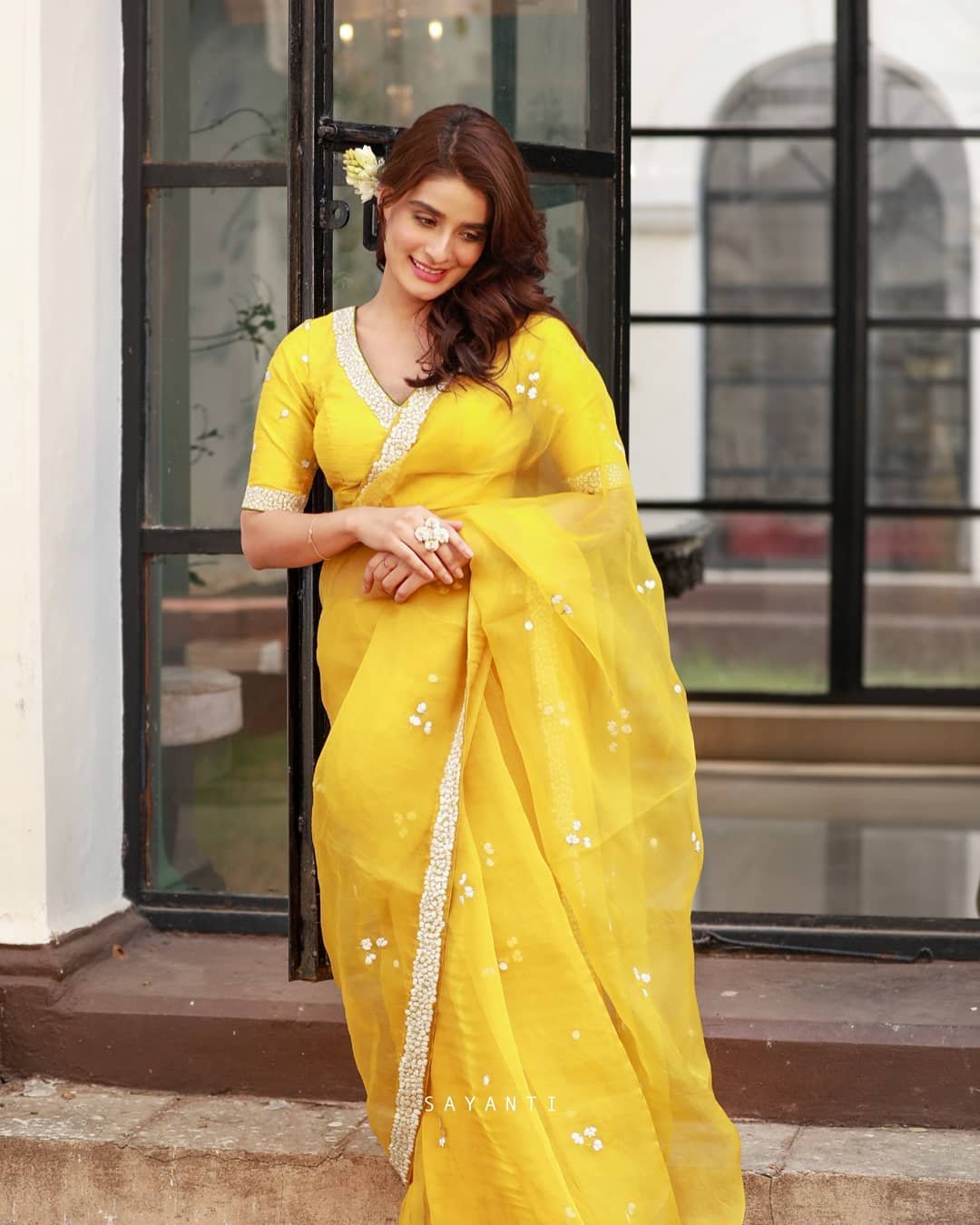 Yellow Color Beautiful Embroidery Work Organza Saree - Image 2