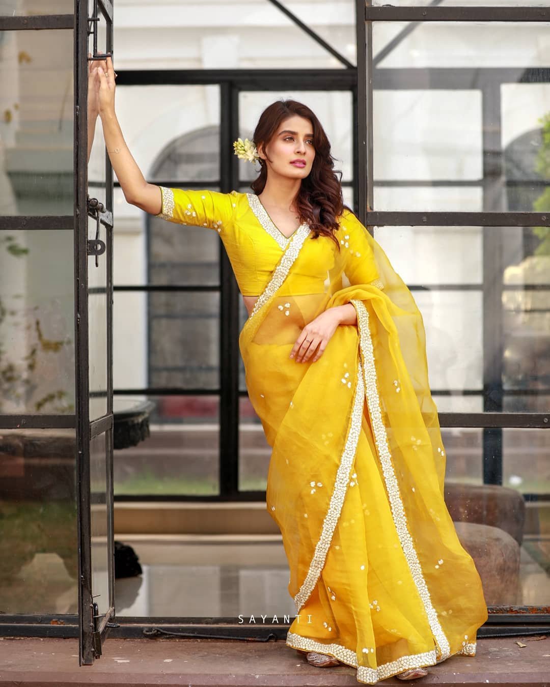 Yellow Color Beautiful Embroidery Work Organza Saree - Image 3