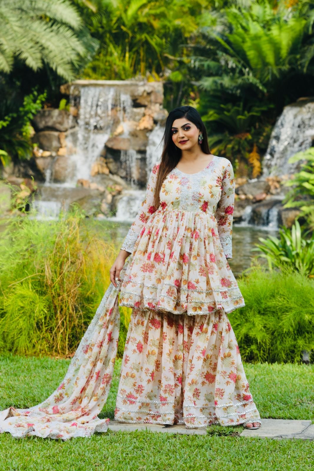 White Color Embroidery With Printed Palazzo Suit - Image 2