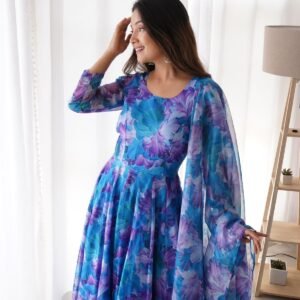 Sky Blue Color Flower Printed Classy Gown