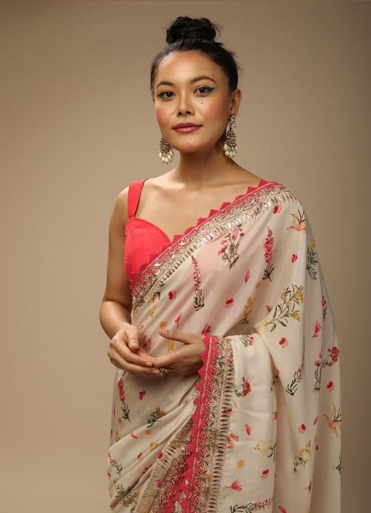 White Color Floral Printed Saree