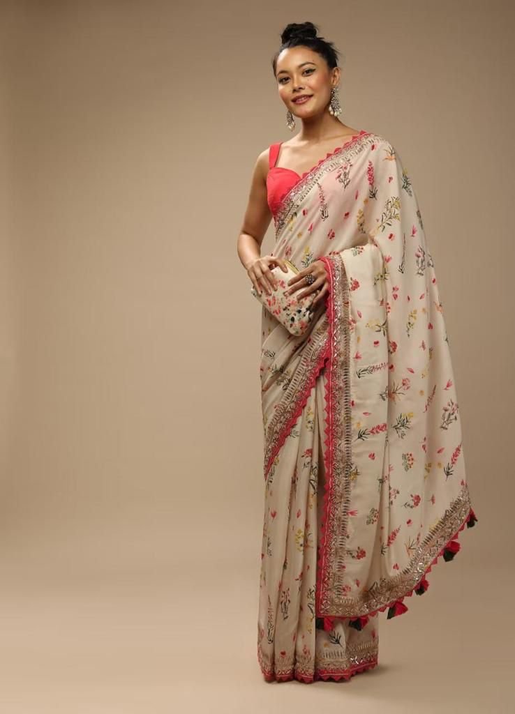 White Color Floral Printed Saree - Image 2