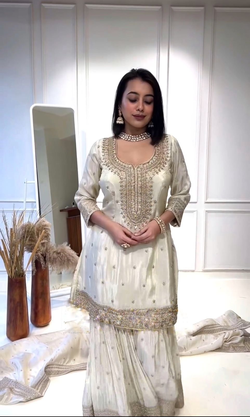 White Color Embroidery With Sequence Work Sharara Suit - Image 3