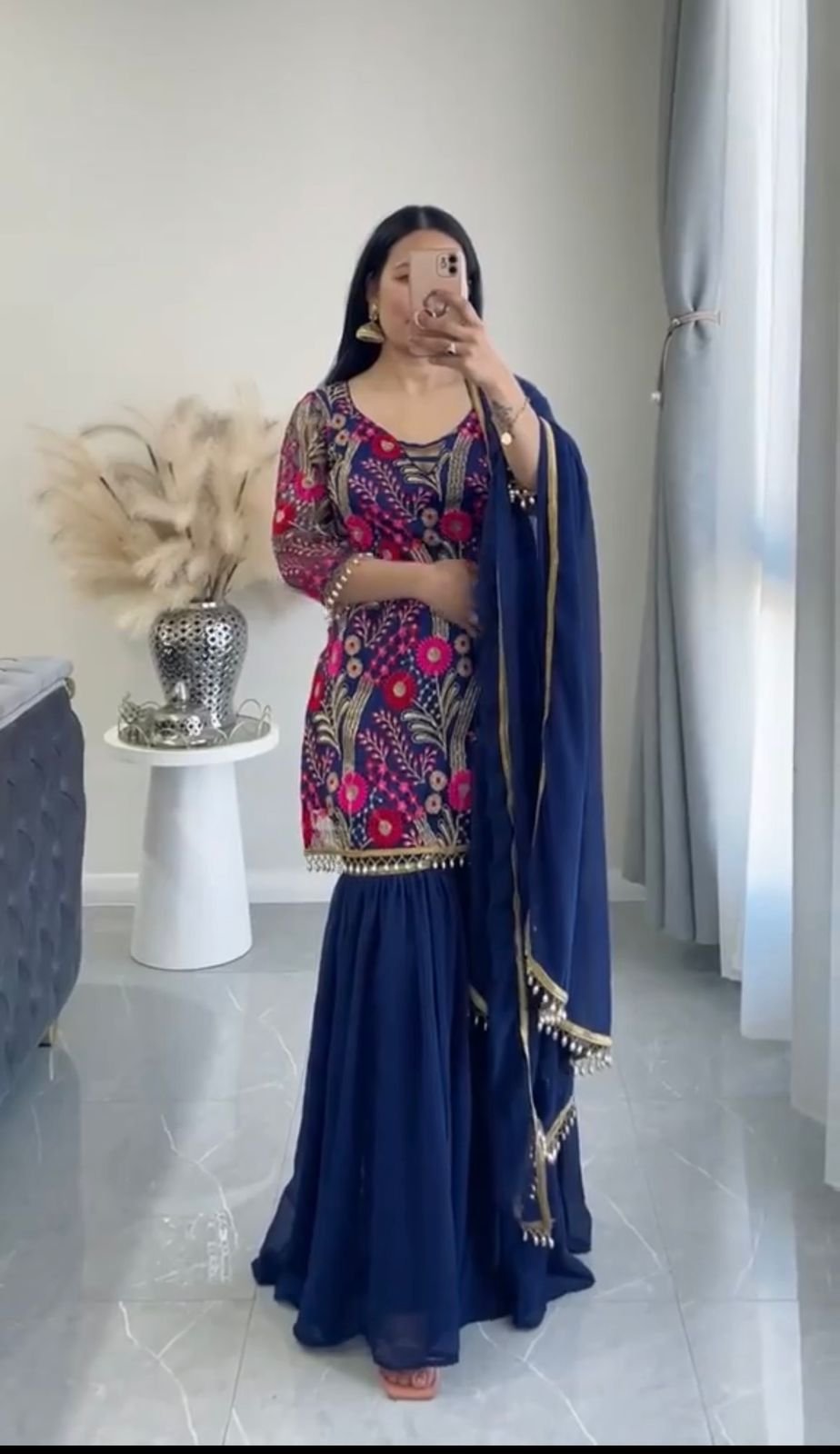 Blue Color Embroidery Work Sharara Suit