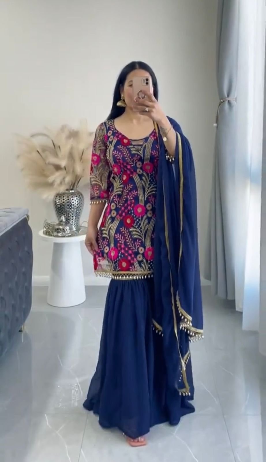 Blue Color Embroidery Work Sharara Suit - Image 3