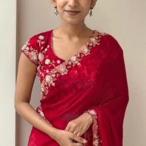 Designer Moti Work Red Color Saree With Blouse Pis