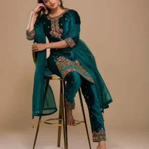 Peacock Blue Zariwork Velvet Readymade Salwar Suit - Regal Elegance