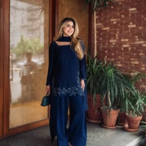 Navy Blue Embroidered Kurta Palazzo Set with Dupatta