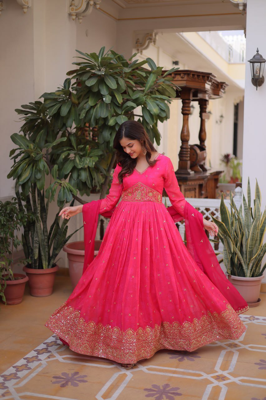 Rani Pink Embroidered Anarkali Gown for Festive & Wedding Wear - Image 4