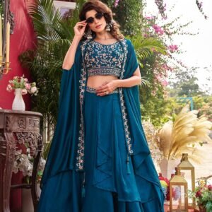 Teal Embroidered Lehenga Set with Cape-Style Dupatta