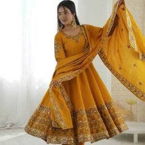 Mustard Embroidered Anarkali Suit with Matching Dupatta
