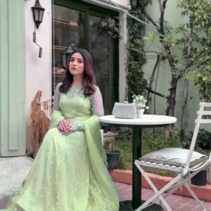 Pista Green Embroidered Gown with Lehenga and Dupatta Set