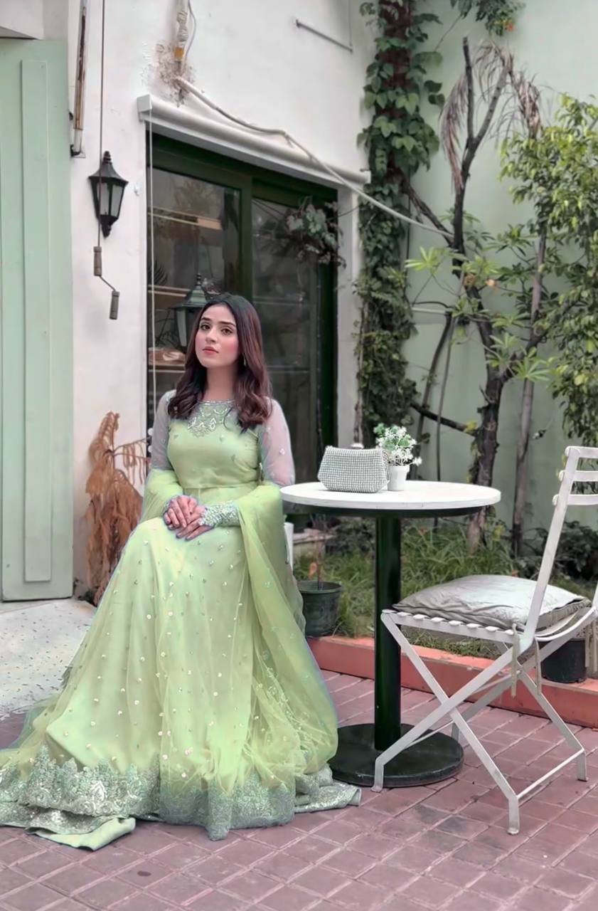 Pista Green Embroidered Gown with Lehenga and Dupatta Set