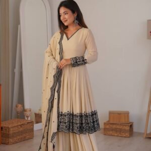 Beige Embroidered Anarkali Suit with Designer Dupatta