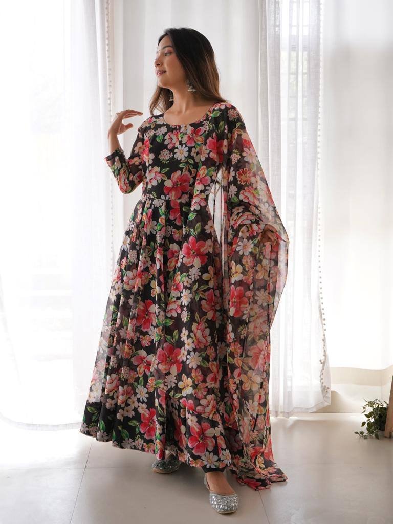 Black Color Beautiful Digital Printed Designer Gown - Image 3