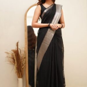 Black Banarasi Soft Silk Jacquard Saree With Blouse Piece