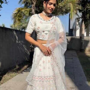 White Color Thread Embroidery Work Georgette Lehenga Choli