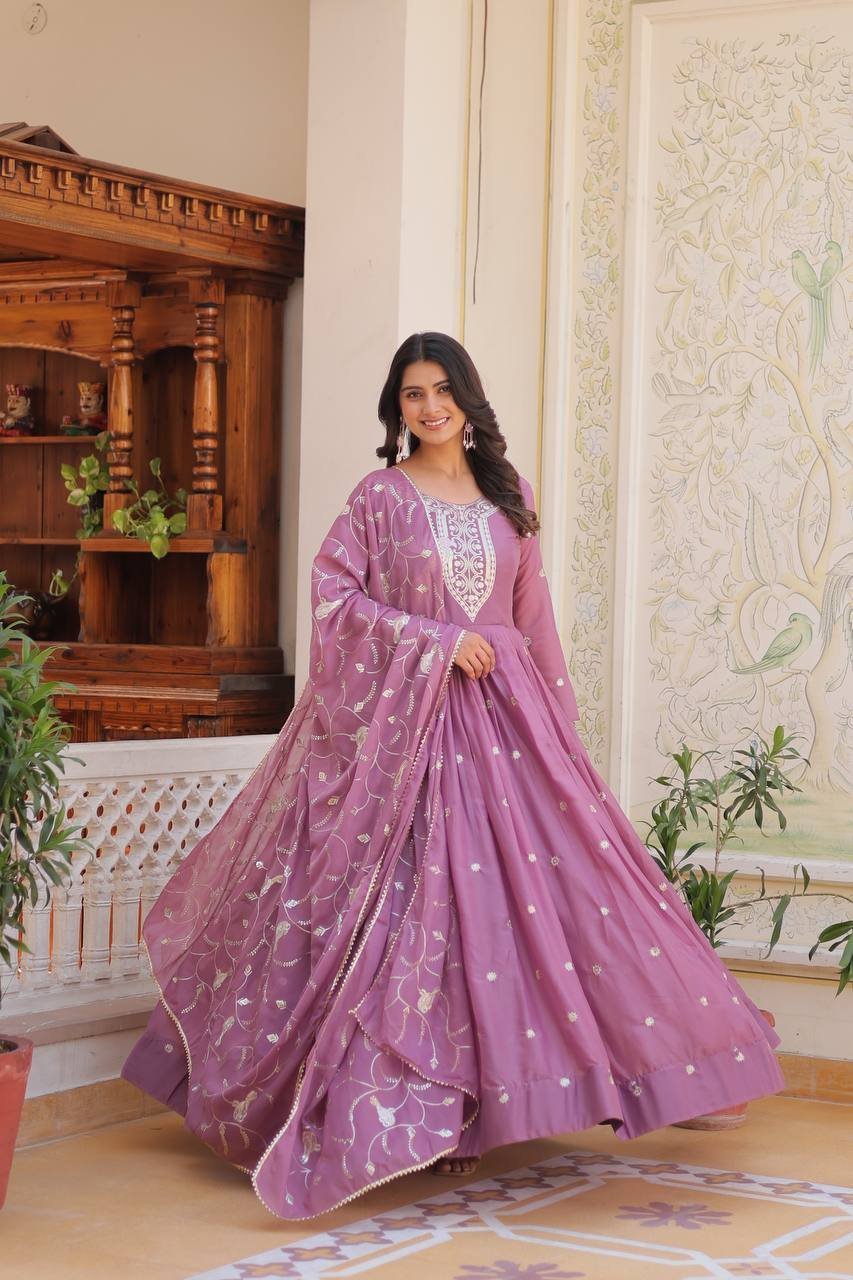 Georgette Lavender Color Embroidered Gown - Image 4
