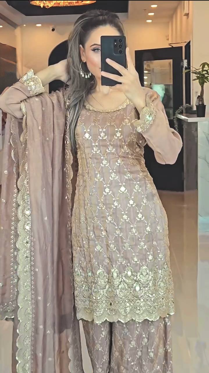 Beige Color Embroidery Work Sharara Suit - Image 4