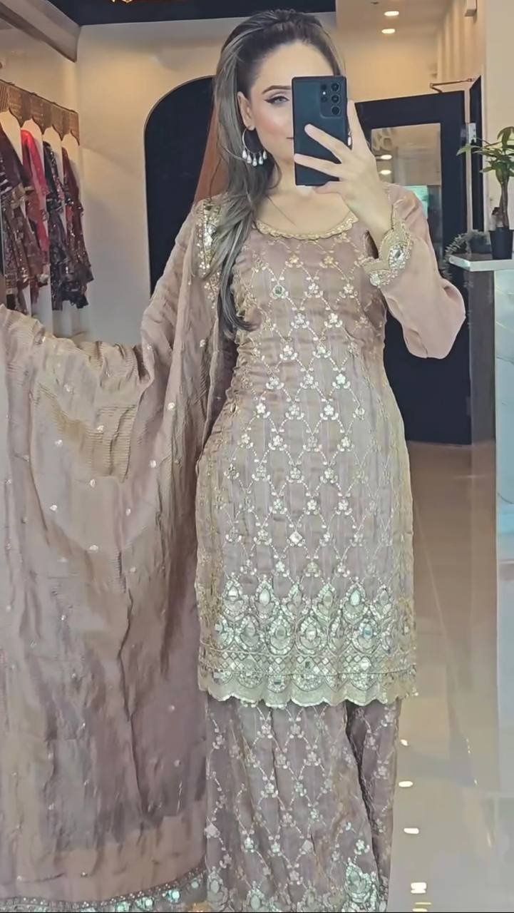 Beige Color Embroidery Work Sharara Suit - Image 5