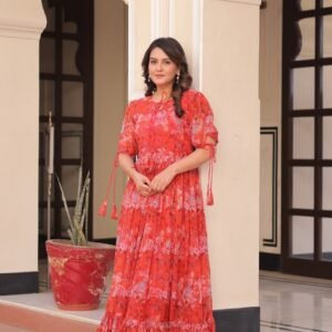Red Color Flower Print Gown