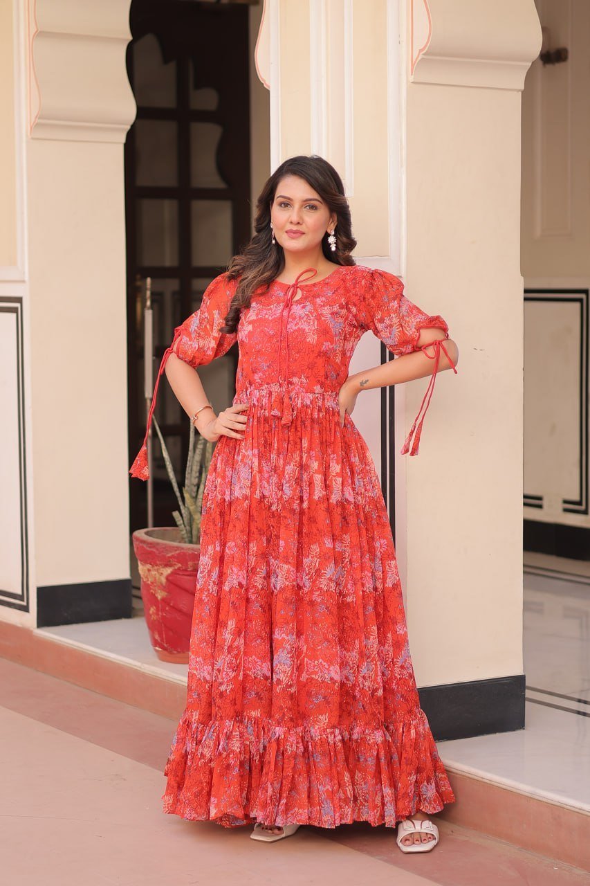 Red Color Flower Print Gown - Image 3
