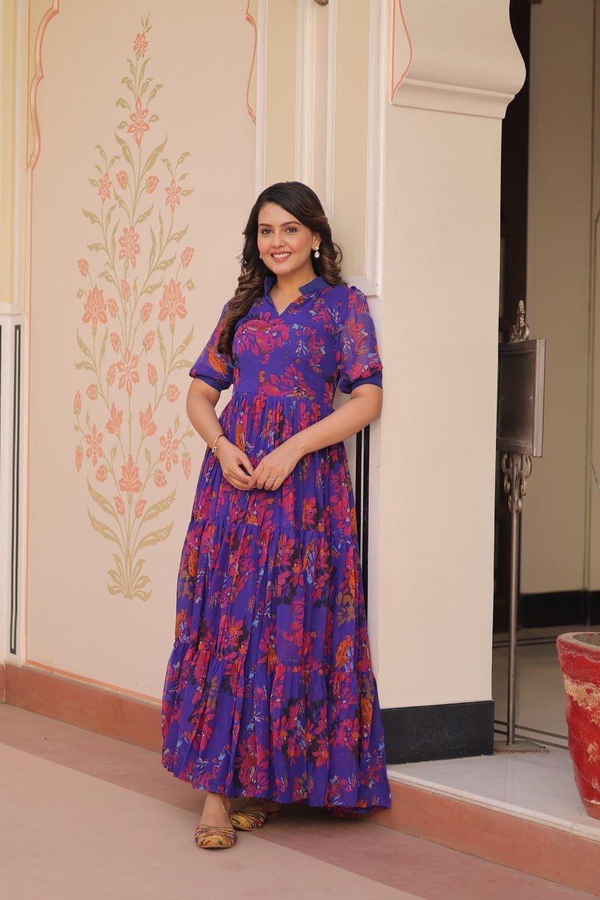 Blue Color Georgette With Print Gown - Image 2