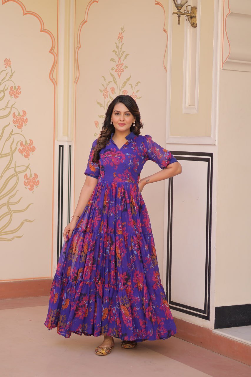 Blue Color Georgette With Print Gown - Image 3