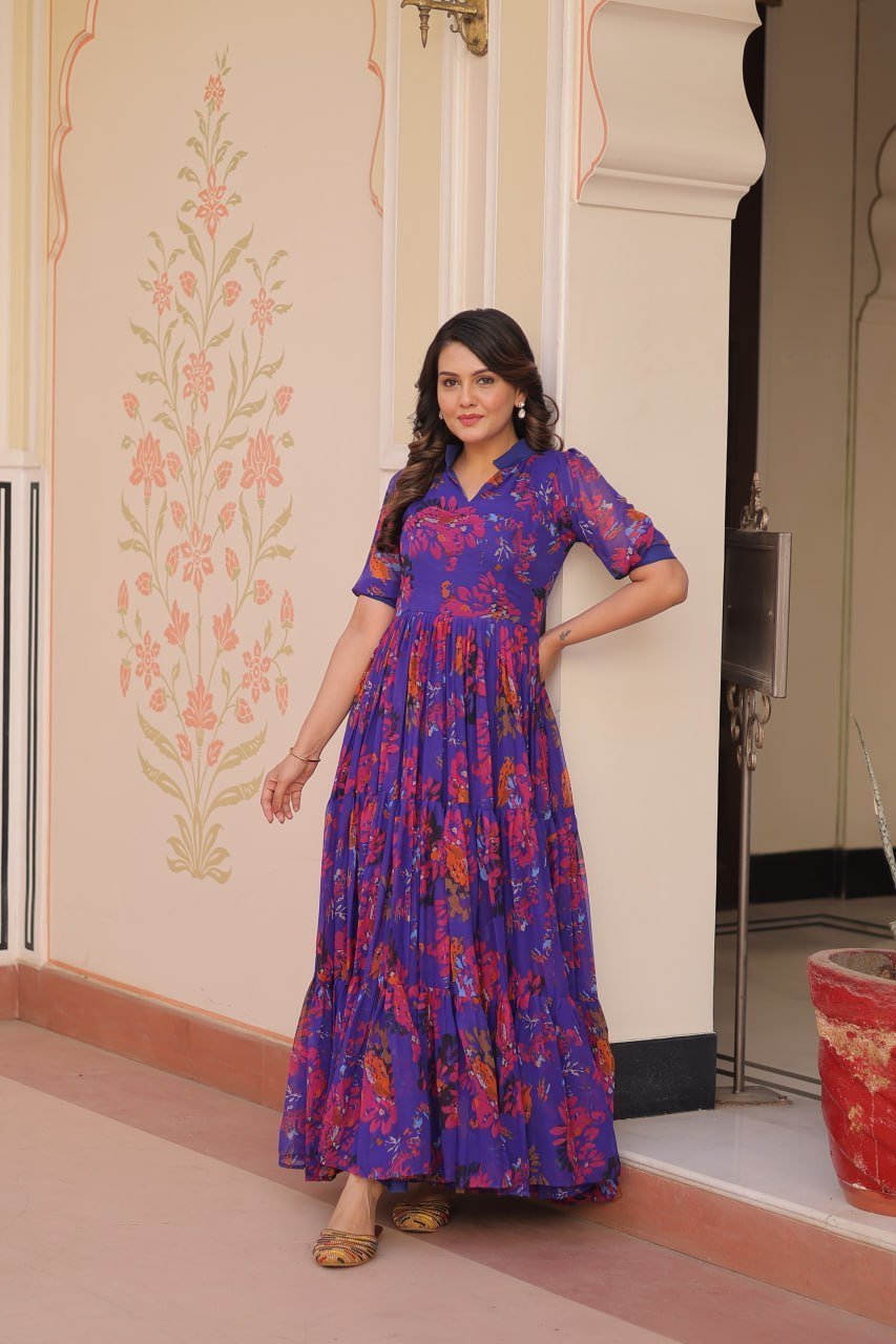 Blue Color Georgette With Print Gown - Image 5
