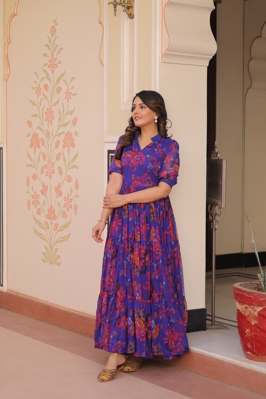 Blue Color Georgette With Print Gown - Image 4
