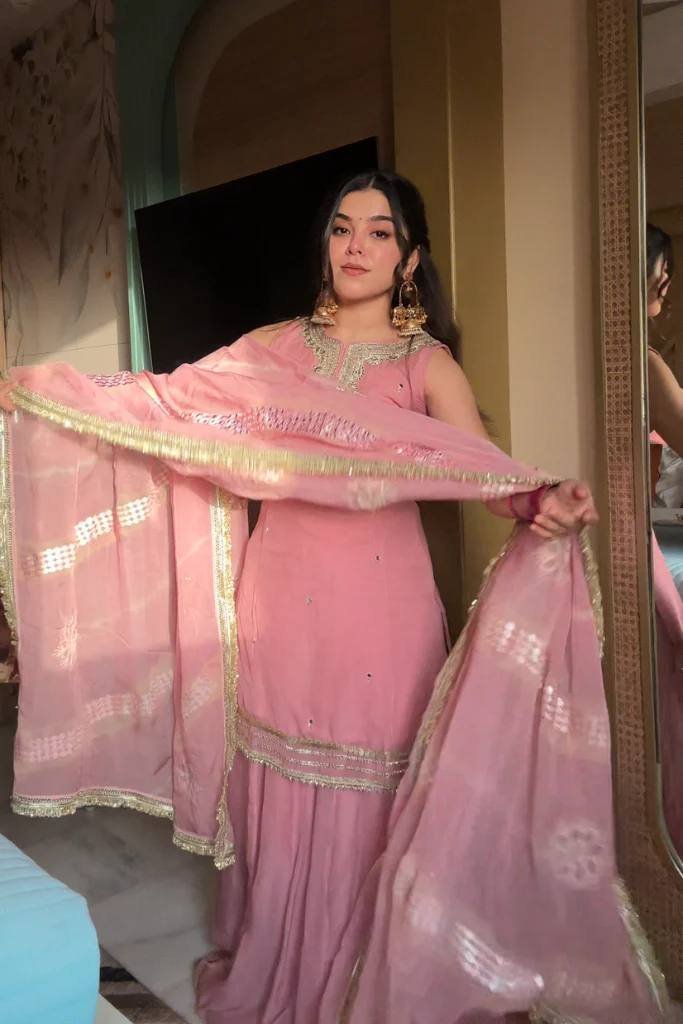 Awesome Organza With Mirror Work Pink Sharara - Image 4