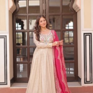 Gorgeous Off White Gown With Pink Dupatta