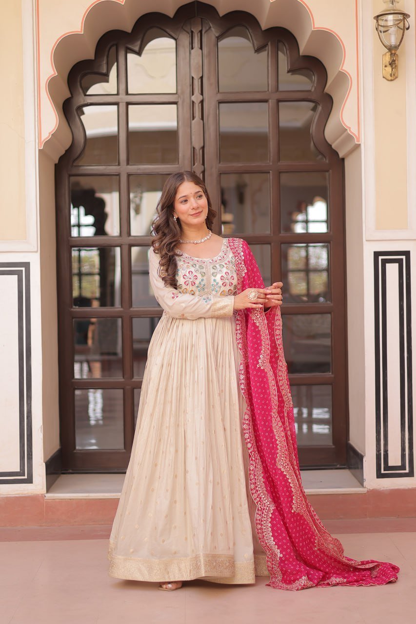 Gorgeous Off White Gown With Pink Dupatta