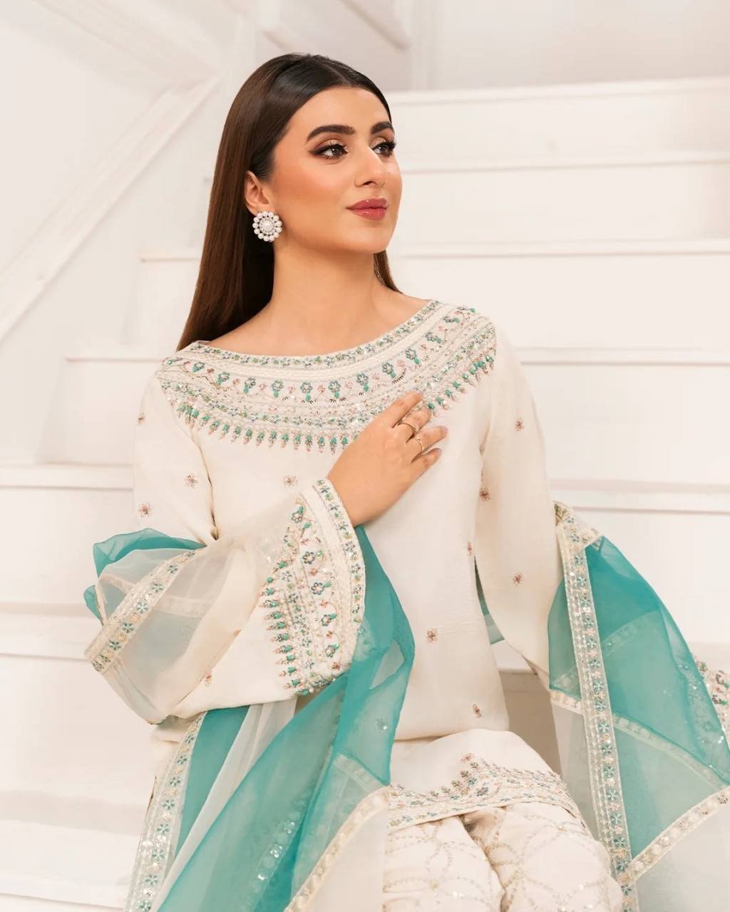 White Color Sequence Work Palazzo Suit