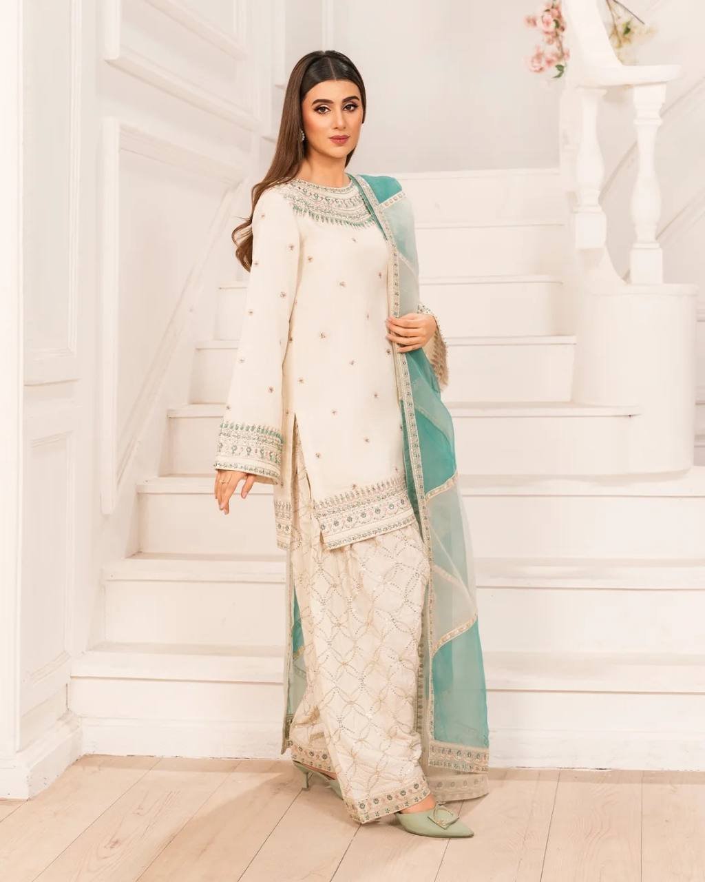 White Color Sequence Work Palazzo Suit - Image 2
