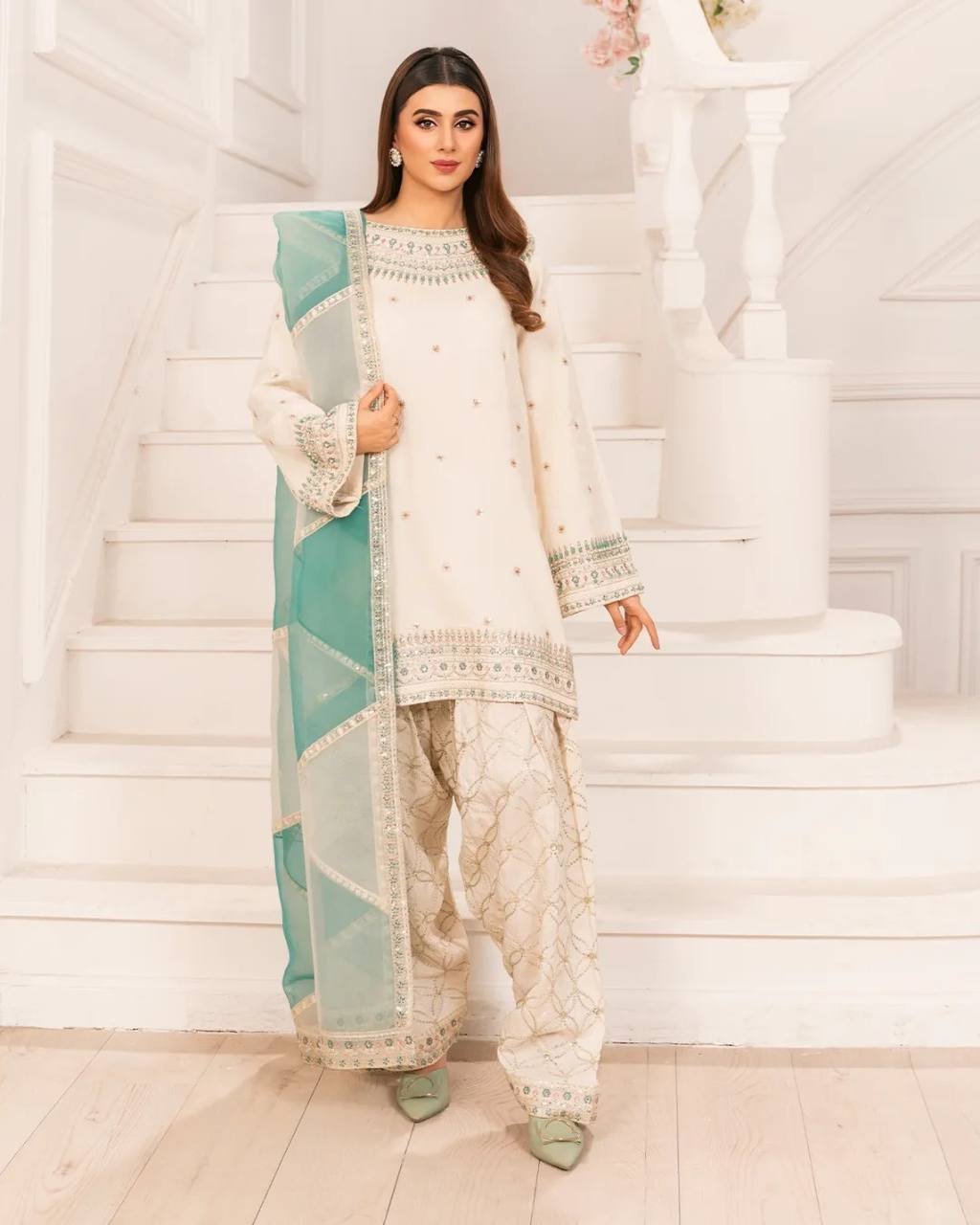 White Color Sequence Work Palazzo Suit - Image 4