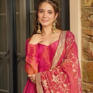 Pink Color Embroidery Sequence Work Gown