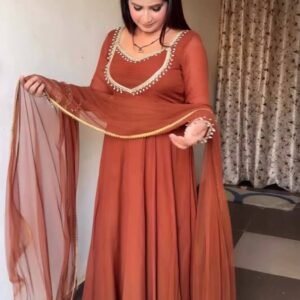 Elegant Rust Anarkali Dress with Embellished Neckline