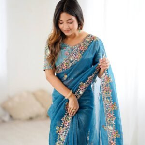 Sky Blue Color Thread Embroidered Silk Saree