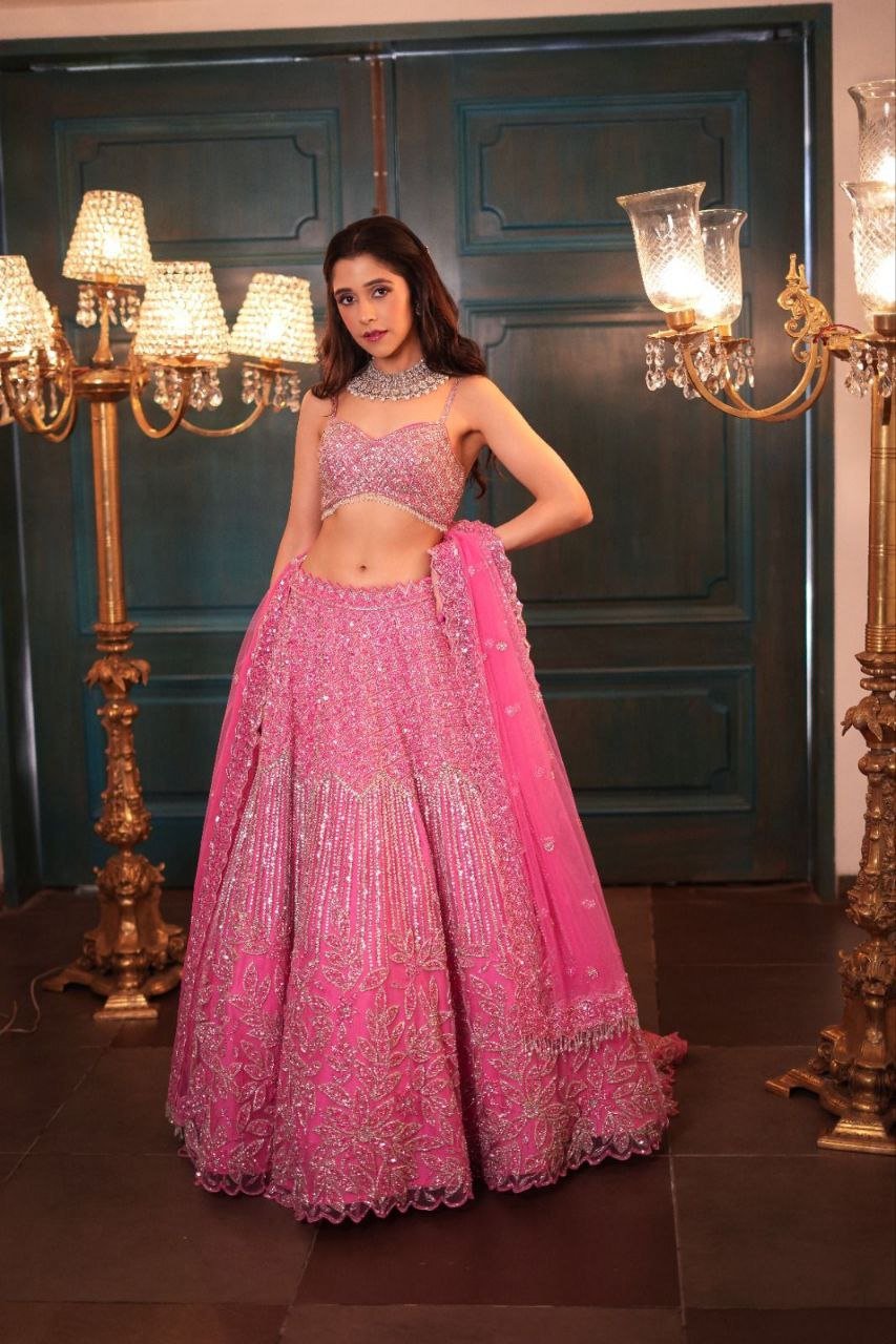Pink Color Embroidered Net Lehenga Choli - Image 3