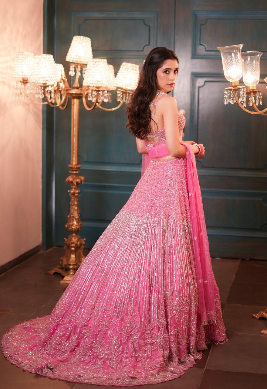 Pink Color Embroidered Net Lehenga Choli - Image 2