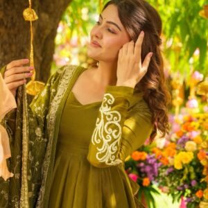 Mehndi Color Chiffon With Embroidery Sequence Work Gown