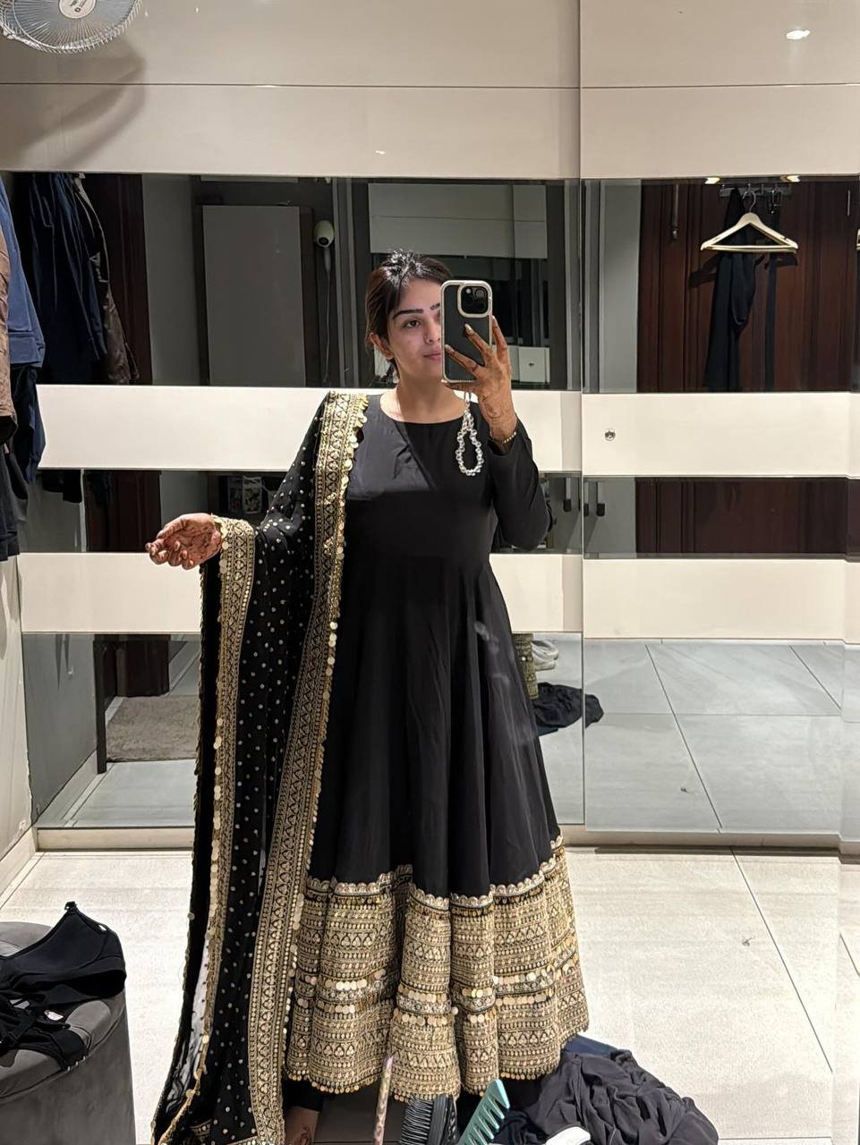 Black Embroidered Anarkali Suit with Heavy Border Dupatta - Image 3