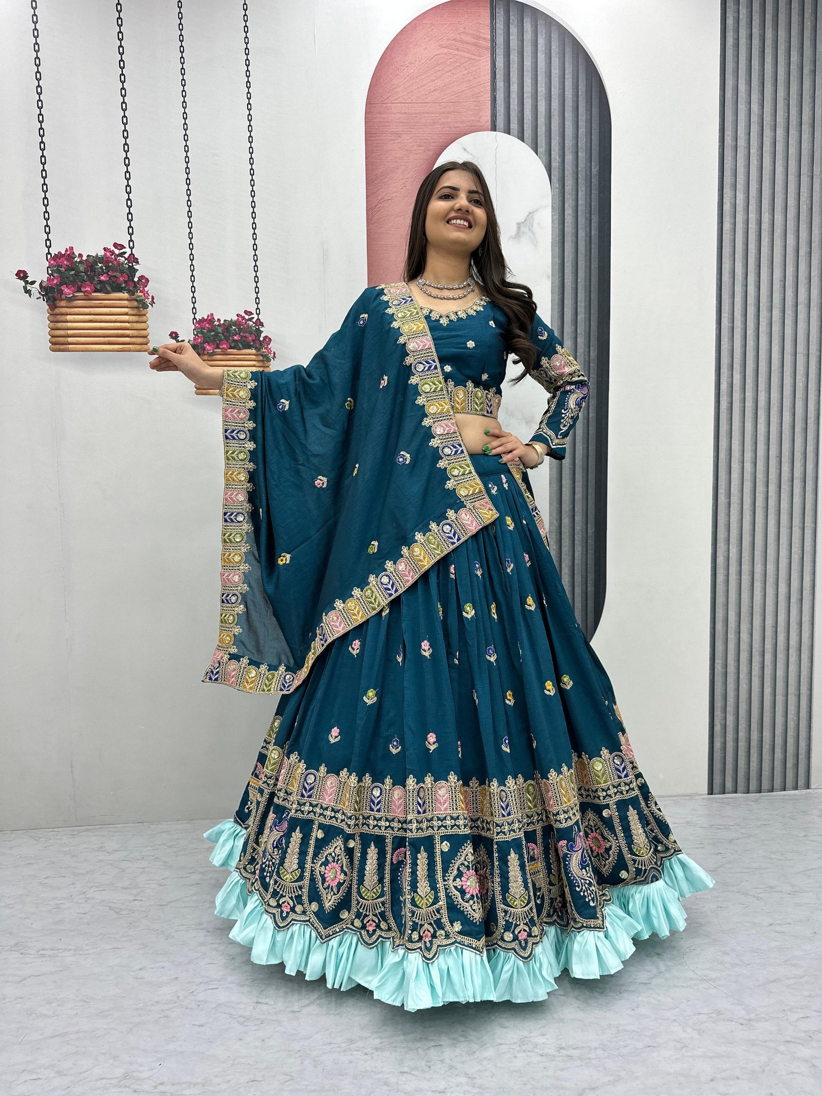 Teal Blue Embroidered Lehenga Set with Asymmetric Dupatta - Image 2