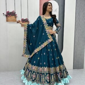 Teal Blue Embroidered Lehenga Set with Asymmetric Dupatta