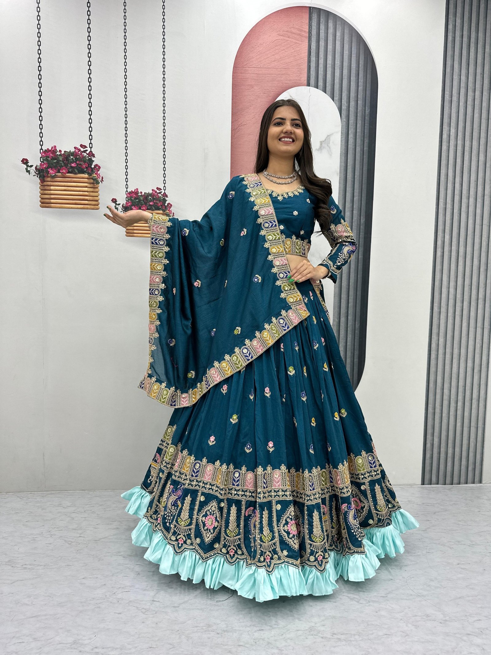 Teal Blue Embroidered Lehenga Set with Asymmetric Dupatta - Image 4