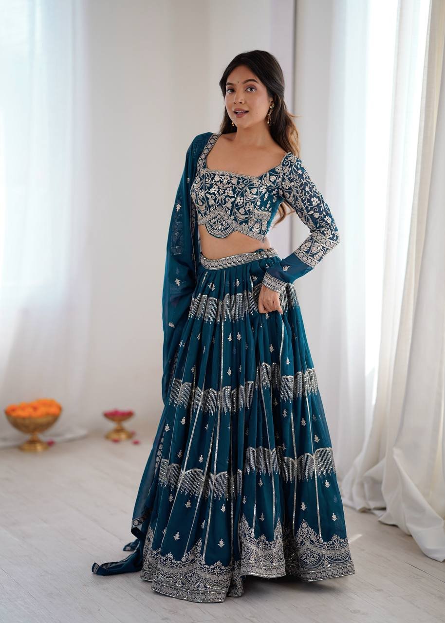 Teal Blue Embroidered Lehenga Choli Set with Dupatta - Image 2