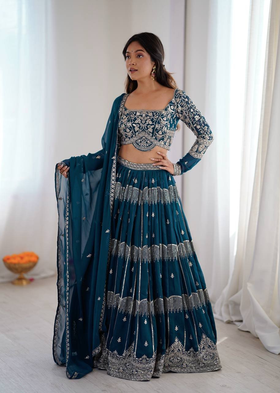 Teal Blue Embroidered Lehenga Choli Set with Dupatta - Image 3