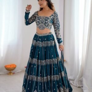 Teal Blue Embroidered Lehenga Choli Set with Dupatta