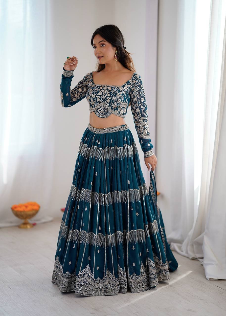 Teal Blue Embroidered Lehenga Choli Set with Dupatta